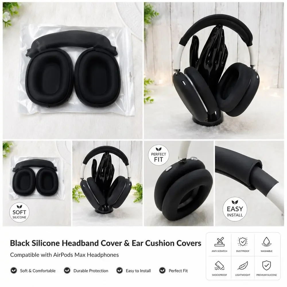 Black Silicone Cover Set for AirPods Max Ear Cushions & Headband Protector